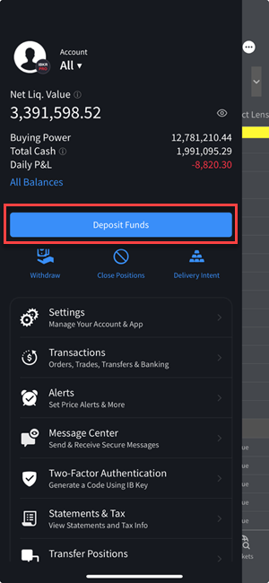 The account menu deppsit funds button. 